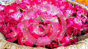 Flower petals for puja ceremony on the banks of Ganga river in Varanasi