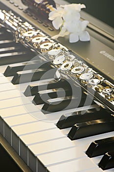 Flower,piano and flute with golden shine and sheet music.