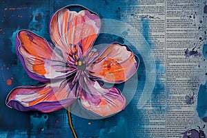 flower piece paper blue background newspaper clippings violet