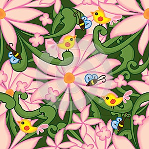 Flower pink drawing swirl green bee bird seamless pattern