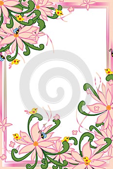 Flower pink pastel bee bird swirl green leaves frame