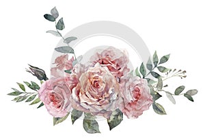 Flower pink rose, green leaves. Watercolor floral clipart. Wedding concept with flowers