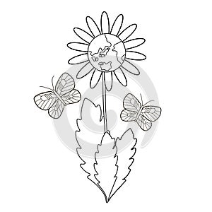 Flower and planet, butterflies. Coloring page