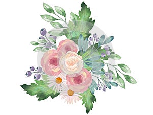 Flower and plant sweet love bouquet valentines Flowers watercolor illustration sunflower,gerbera,daisy, rose, aster, leaves and