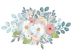 Flower and plant sweet love bouquet valentines Flowers watercolor illustration sunflower,gerbera,daisy, rose, aster, leaves and