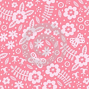 Flower with plants seamless pattern. Vector illustration