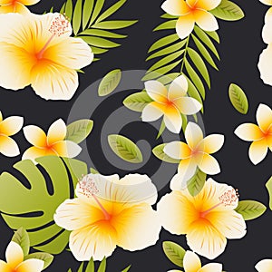 Plumeria and hibiscus. Tropical flowers and leaves on a black background. Seamless cute pattern with exotic plants.