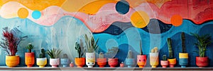 Flower pot banner in the maximalist bold Cluttercore trend with rich colors. photo