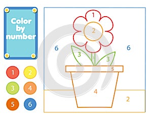 Flower in pot. color by numbers educational game for elementary level kids, toddlers. coloring page for pre school children