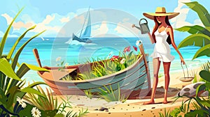 Flower pot with girl holding it in a hat, a boat with broken hull on the sea shore and a watering can in the grass