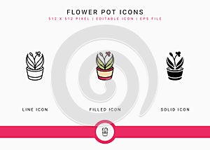 Flower Pot icons set vector illustration with solid icon line style. Plant gardening agriculture concept.