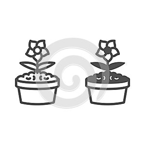 Flower in pot line and solid icon, interior design concept, plant in flowerpot vector sign on white background, outline