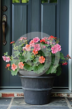 Flower pot or planter containing geraniums, calibrachoas