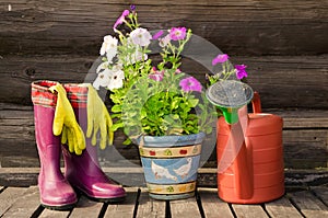 Flower pot,watering can/pot and rubber boots