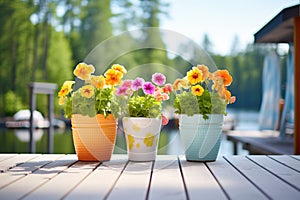 flower pots on a cottage dock with clear lake waters