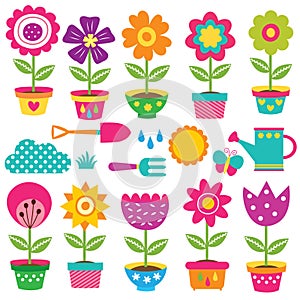 Flower pots and gardening tools clip art set