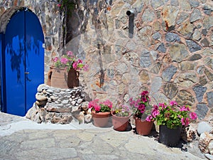 Flower Pots Outside Greek Island House