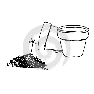 Flower pots prepared for planting, a small sprout of plant on a hill of soil, vector illustration