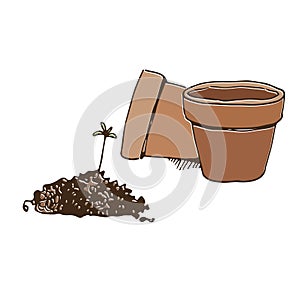 Flower pots prepared for planting, a small sprout of plant on a hill of soil, vector illustration