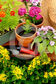 Flower pots and shovel pot in green garden
