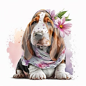 Flower Power: Adorable Basset Hound in Pajamas Basking in a Garden of Colorful Blooms AI Generated