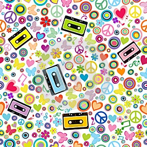 Flower power background with audio tape cassettes