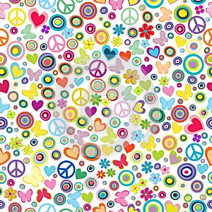 Flower power background seamless pattern with flowers, peace signs, circles and butterflies