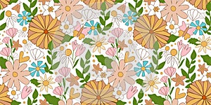 Flower power Groovy flowers pattern. Retro seventies floral seamless pattern, summer daisy textile. Pastel vintage