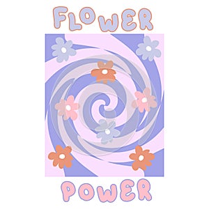 FLOWER POWER slogan print with groovy flowers in 1970s style. Hippie aesthetic swirl abstract graphic vector sticker print