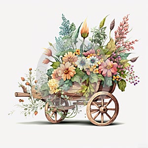 Flower Power Wagon: Rustic Wooden Cart Brimming with Spring Blooms AI Generated