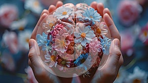 Flower-Powered Self-Care: Hands Holding Human Brain Paper with Blooms for Positive Thinking & Creative Mind - Mental Hea photo