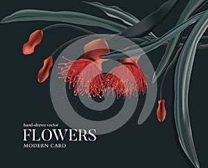 Flower print elegance red bloom with green leaves greeting card on dark background. Watercolor 3d  art