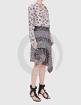 Flower Print Swing A Line Summer Dress Long Sleeve Spring Multicolor Floral , Floral Print A-line Dress with Tie-Up with white