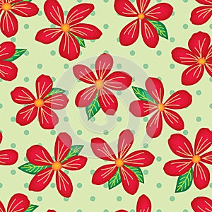 Flower red leaf green dot symmetry seamless pattern