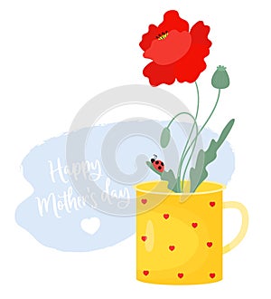 Flower Red poppy with ladybug on leaf in cup. Happy Mothers Day greeting card. Vector illustration.