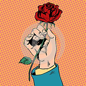 Flower red rose in his hand men love Bud art pop