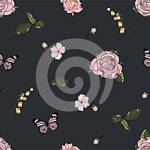 flower rose bugs butterfly seamless vector pattern