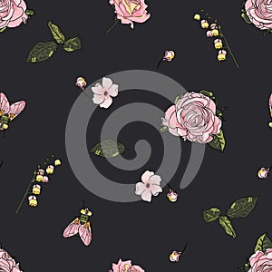 flower rose bugs insect seamless vector pattern
