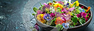 Flower Salad, Edible Flowers Dish, Color Fresh Salat in Bowl, Copy Space