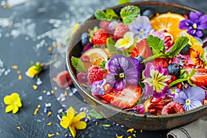 Flower Salad, Edible Flowers Dish, Color Fresh Salat in Bowl, Copy Space