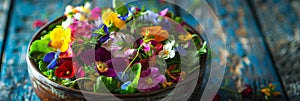 Flower Salad, Edible Flowers Dish, Color Fresh Salat in Bowl, Copy Space