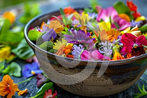 Flower Salad, Edible Flowers Dish, Color Fresh Salat in Bowl, Copy Space