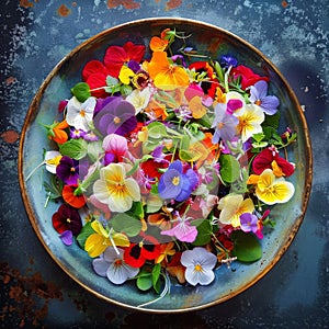 Flower Salad, Edible Flowers Dish, Color Fresh Salat in Bowl, Copy Space