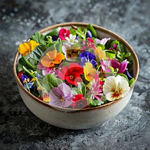 Flower Salad, Edible Flowers Dish, Color Fresh Salat in Bowl, Copy Space