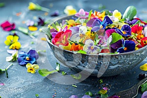 Flower Salad, Edible Flowers Dish, Color Fresh Salat in Bowl, Copy Space