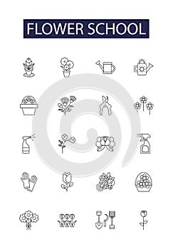 Flower school line vector icons and signs. Floral, Bouquet, Buds, Petals, Floral Design, Wedding, Greenery, Workshop