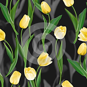 Flower seamless background. Flower tulips over dark gray. Floral spring Vector pattern.