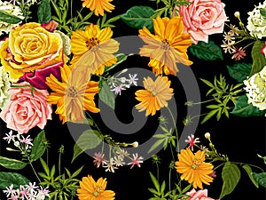 Flower seamless pattern on black background
