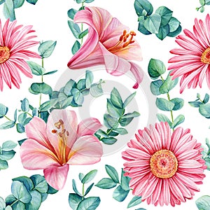 Flower seamless pattern. eucalyptus, gerbera and lily, watercolor flora illustration