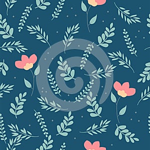 Flower seamless pattern. Field herbs daisy textile print decoration dark blue background fashion traditional vector illustration v